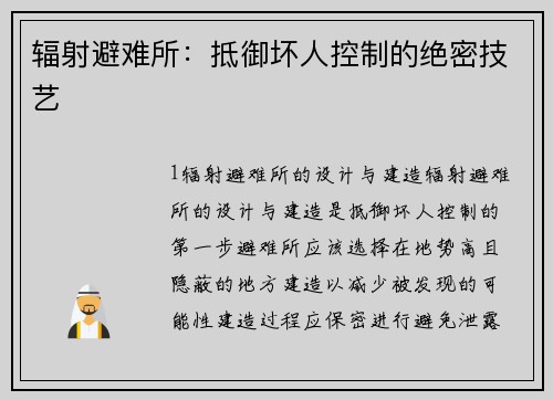辐射避难所：抵御坏人控制的绝密技艺