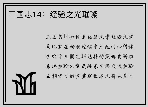 三国志14：经验之光璀璨